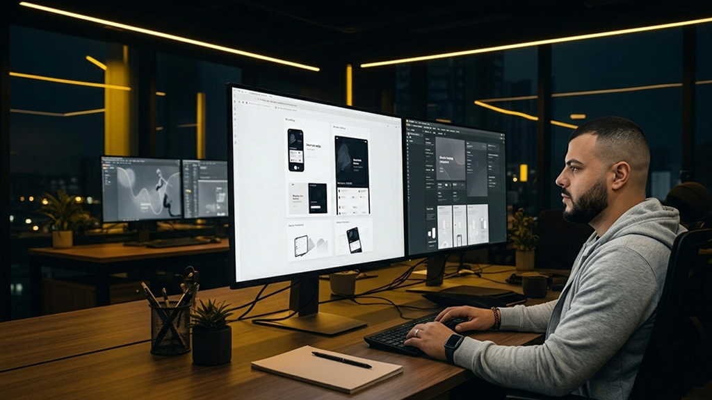 Homem trabalhando em computador com múltiplos monitores exibindo telas de design de interface em escritório moderno.