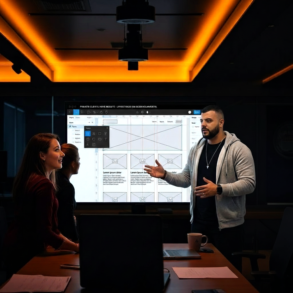 Profissional apresentando layout de interface digital em tela grande para equipe em sala de reunião.